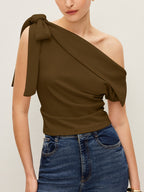 One-Shoulder Blouse Featuring Elegant Bow Detail
