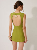 Cotton and Linen Backless Dress with Metal Accent