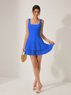 Square Neckline Dress with Elegant Pleats