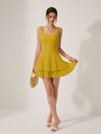 Square Neck Dress with Elegant Pleats