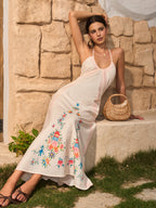 Floral Pattern Halter Dress with Open Back Design