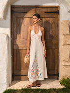 Floral Pattern Halter Dress with Open Back Design