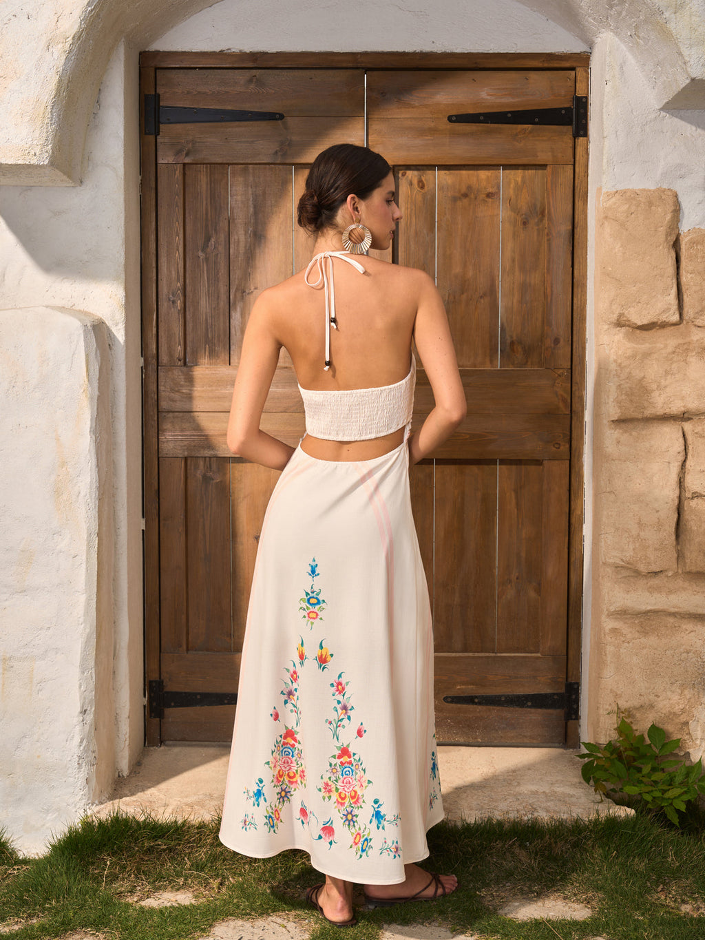 Floral Backless Dress with Halter Neck Design