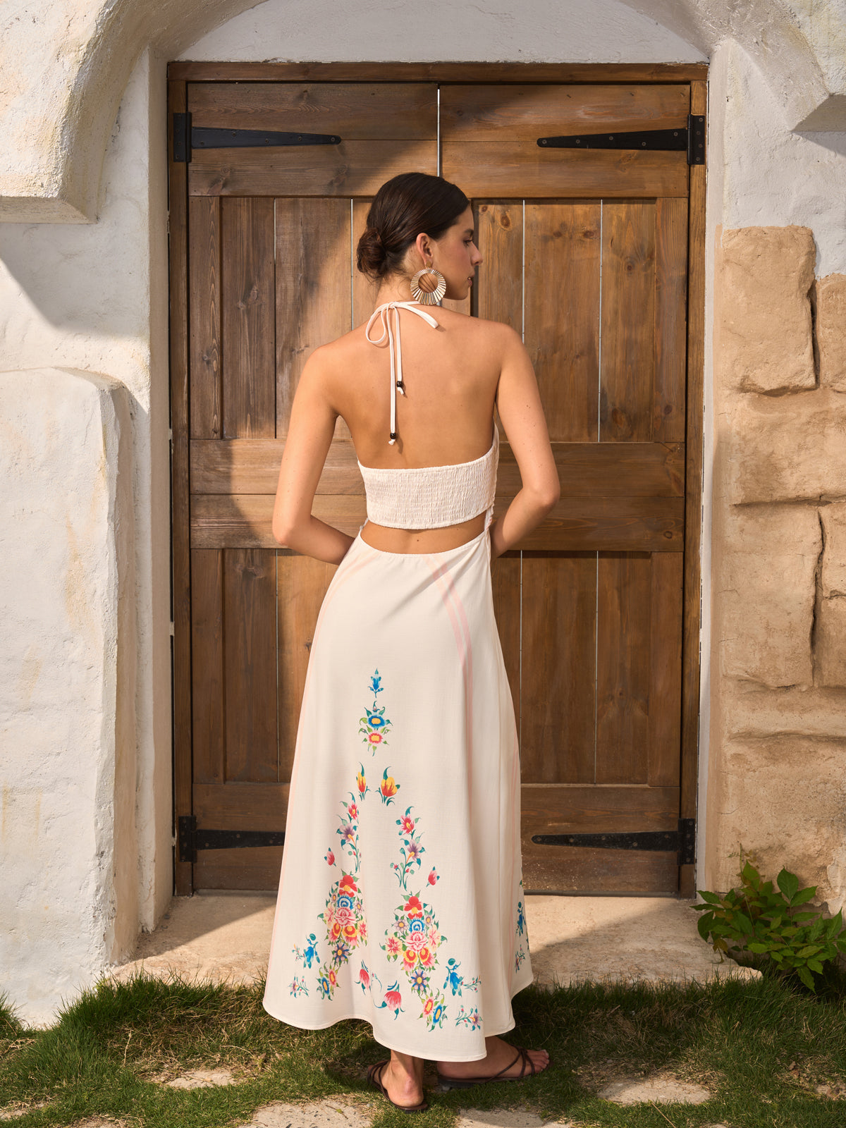 Floral Pattern Halter Dress with Open Back Design