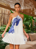 Halter Neck Dress with Pleated Floral Design