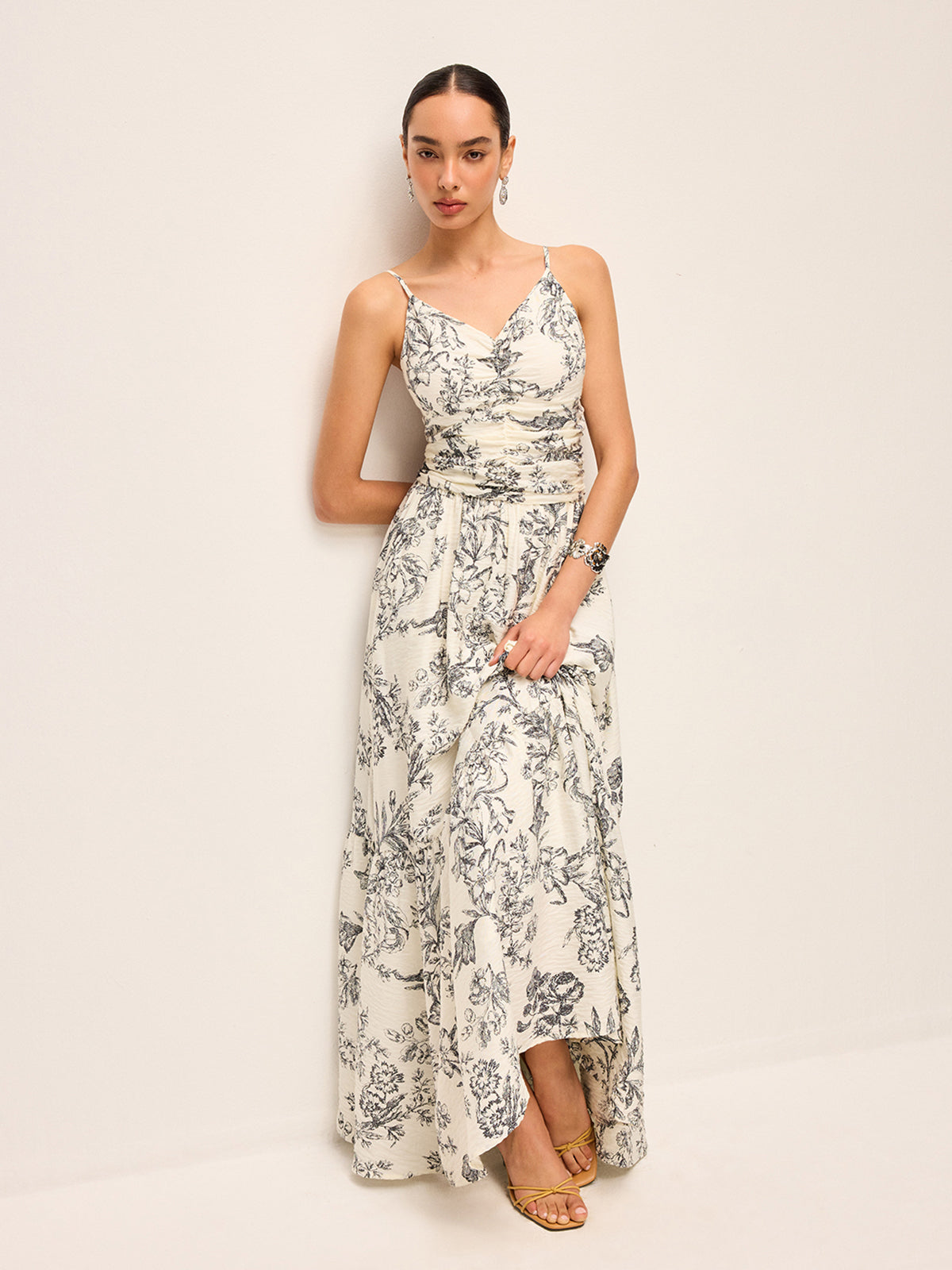 Ruched Floral Cami Dress with Adjustable Straps