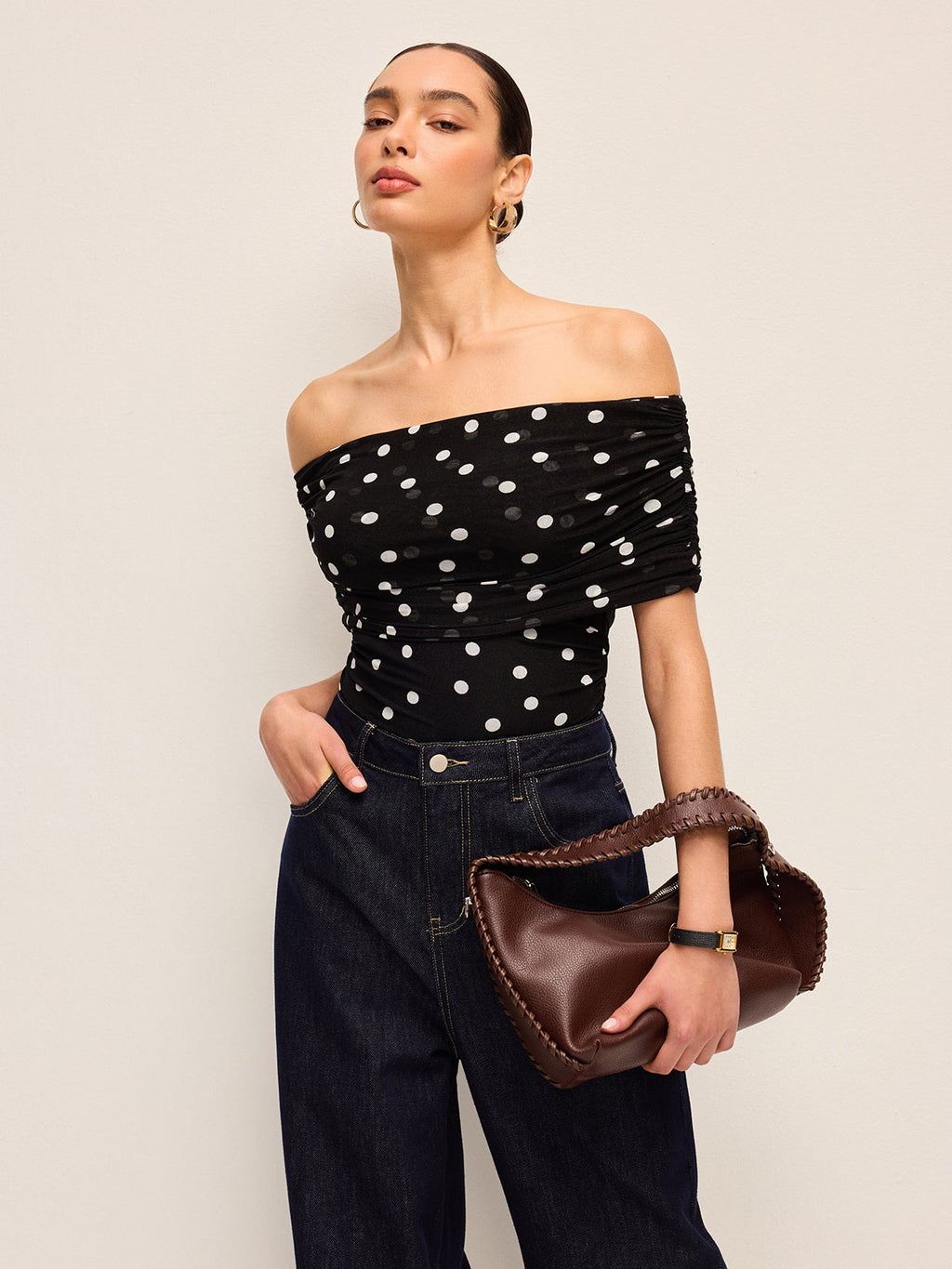 Chic Off-Shoulder Bodysuit with Playful Polka Dots