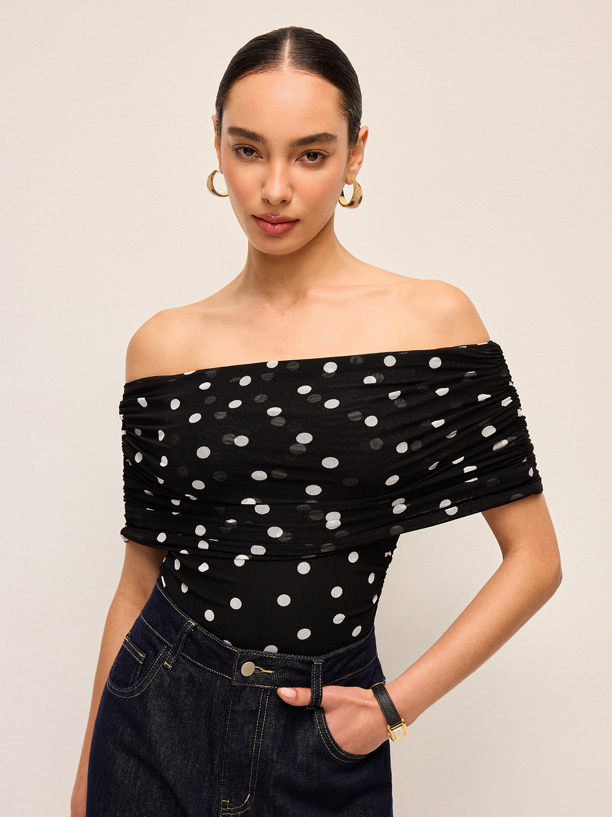 Chic Off-Shoulder Bodysuit with Playful Polka Dots