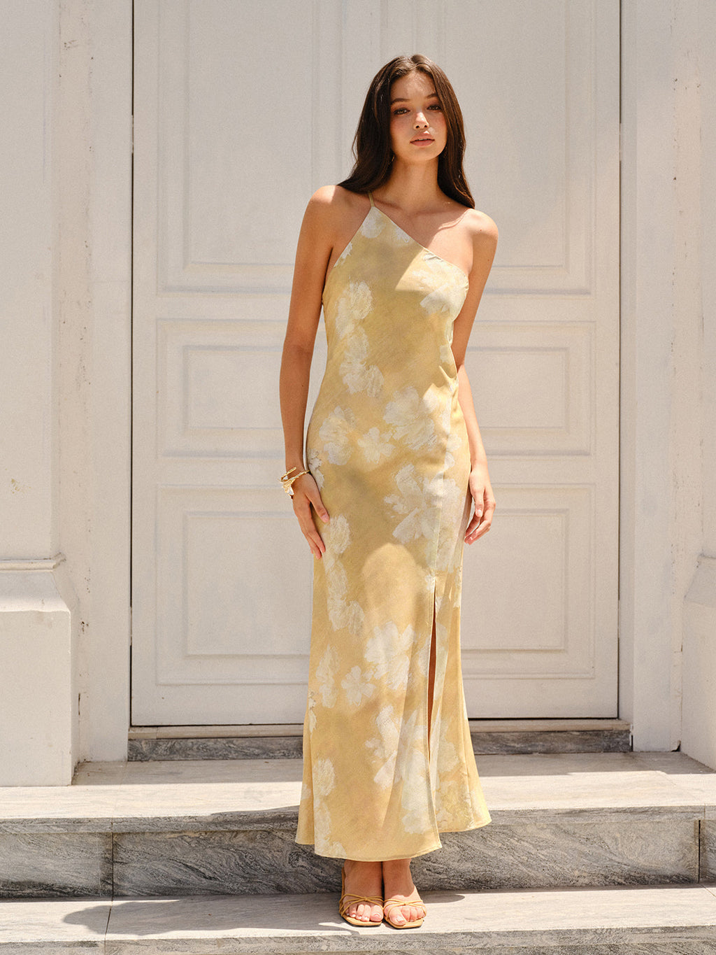 Floral High Slit Gown with Delicate Prints