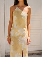 Floral High Slit Gown with Delicate Prints