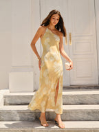 Floral High Slit Gown with Delicate Prints