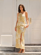 Floral High Slit Gown with Delicate Prints