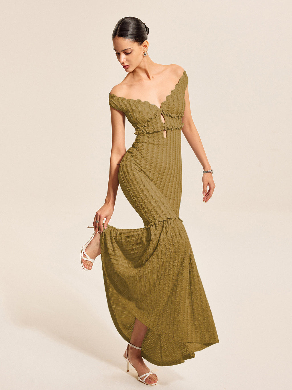 Ruffled Off-Shoulder Dress with Elegant Detailing