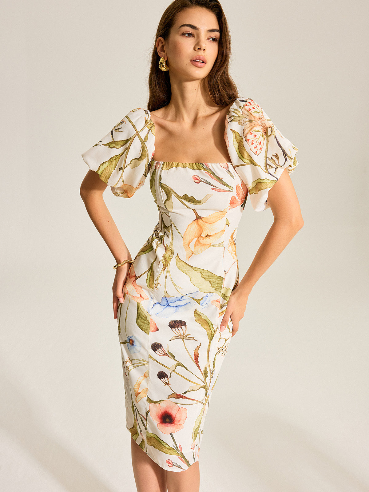 Floral Backless Dress with Puff Sleeves