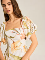 Backless Dress with Floral Design and Puff Sleeves