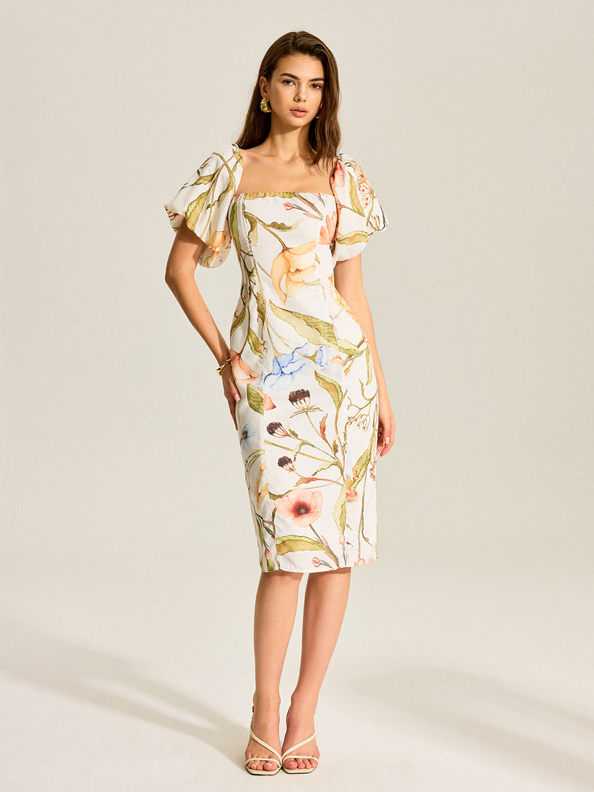 Floral Backless Dress with Puff Sleeves