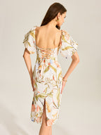 Backless Dress with Floral Pattern and Puff Sleeves