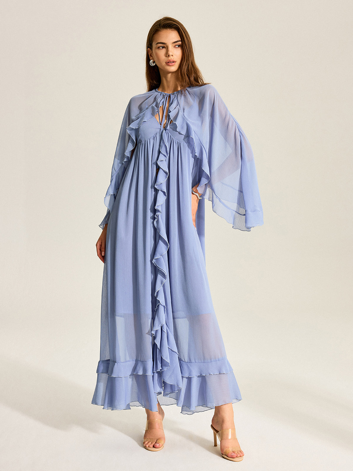 Chiffon Two-Piece Dress with Semi-Sheer Ruffled Cape