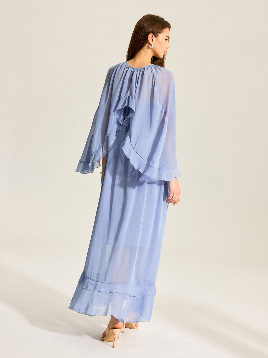 Chiffon Two-Piece Dress with Semi-Sheer Ruffled Cape