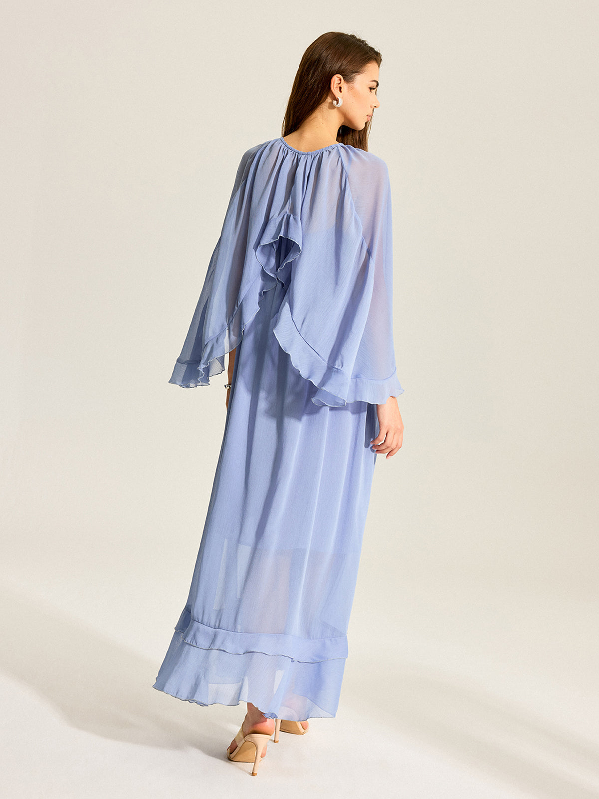 Chiffon Two-Piece Dress with Semi-Sheer Ruffled Cape
