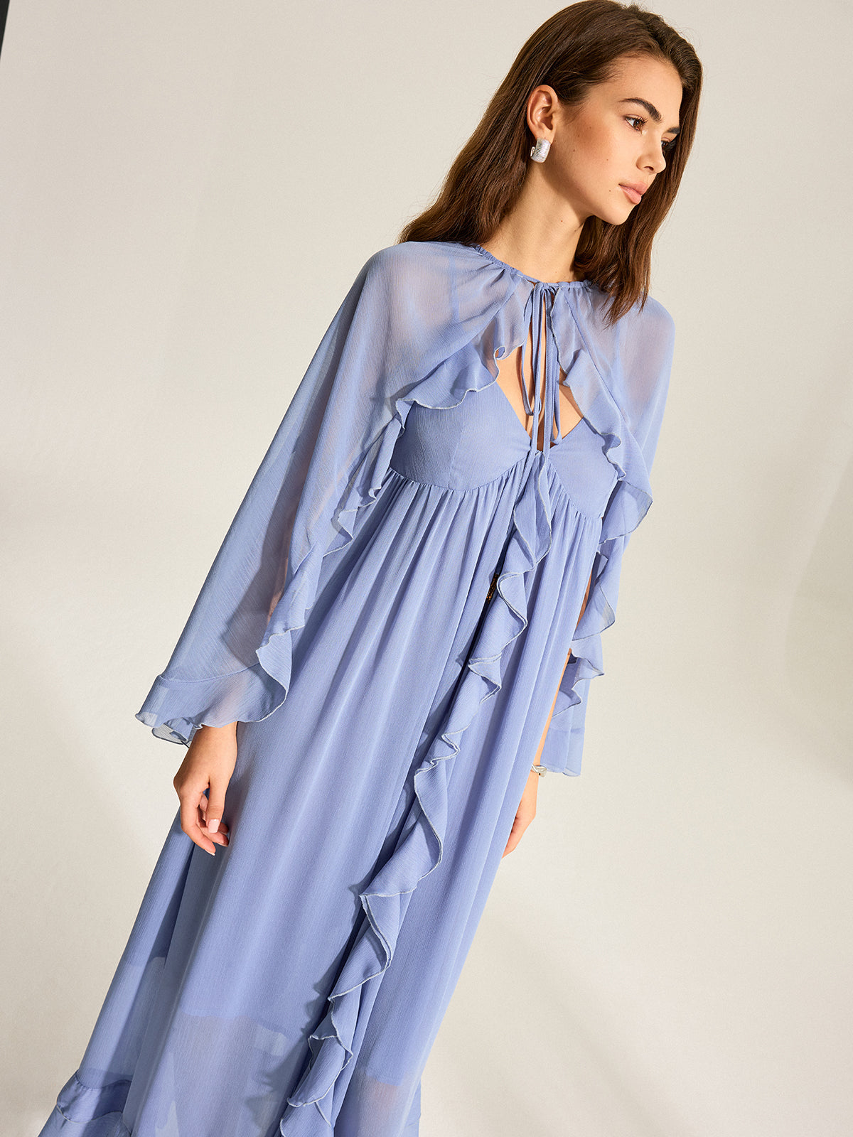 Chiffon Two-Piece Dress with Semi-Sheer Ruffled Cape
