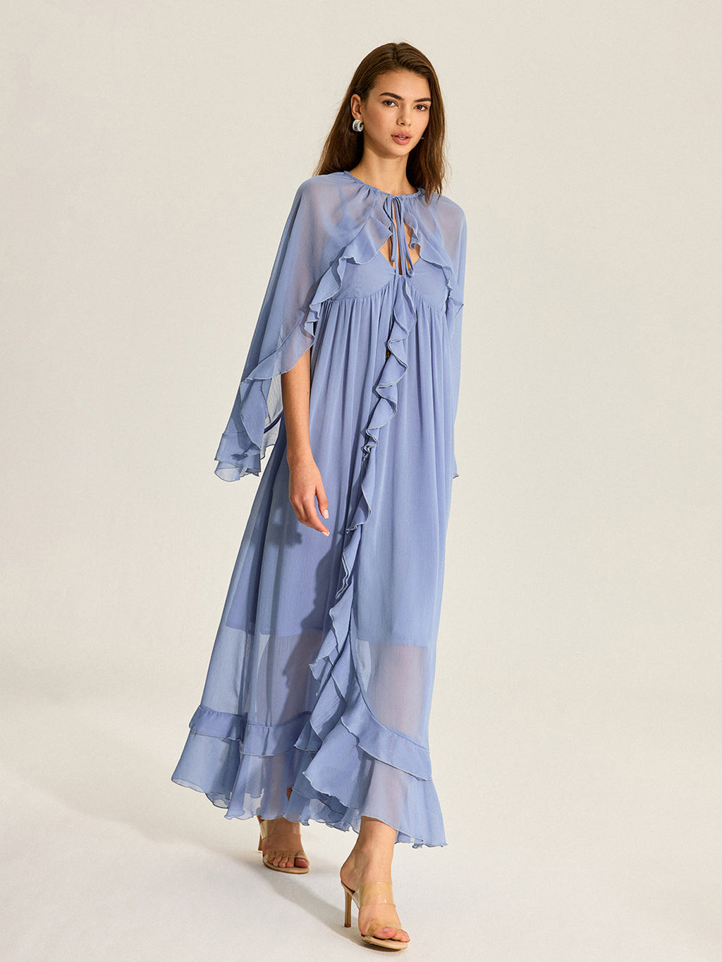 Chiffon Two-Piece Dress with Semi-Sheer Ruffled Cape
