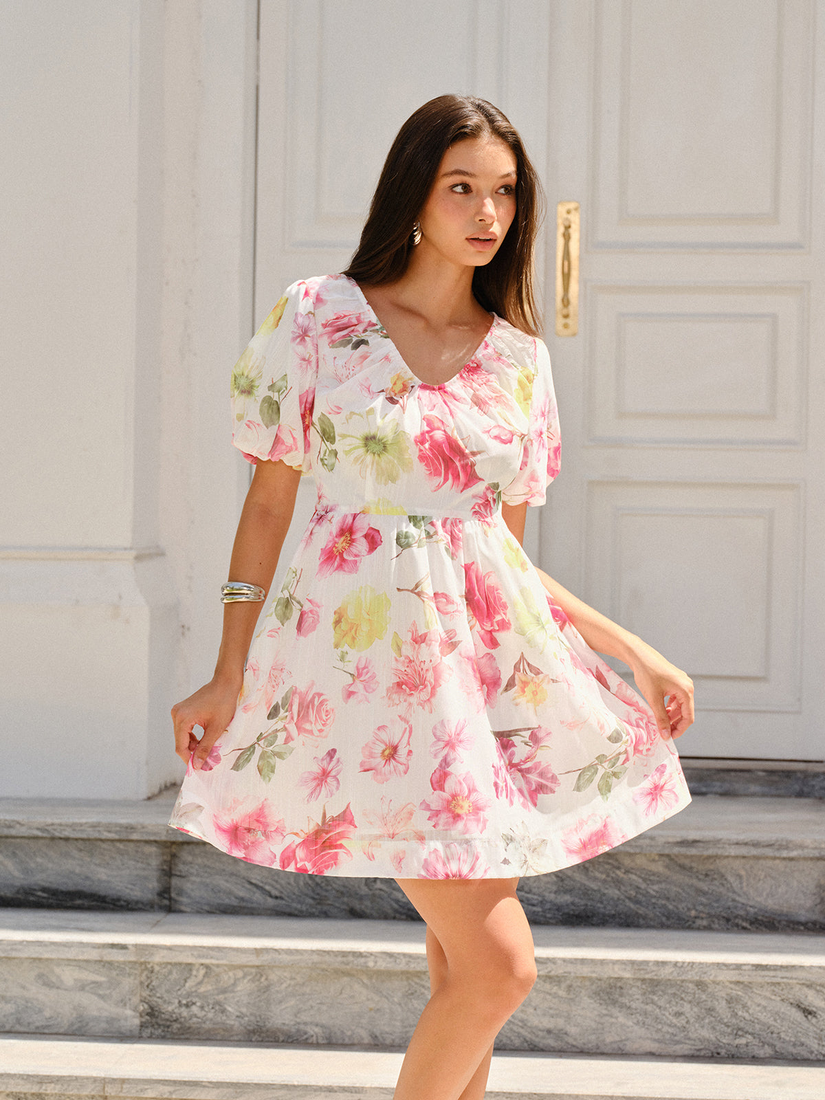 Puff Sleeve Dress with Elegant Floral Design