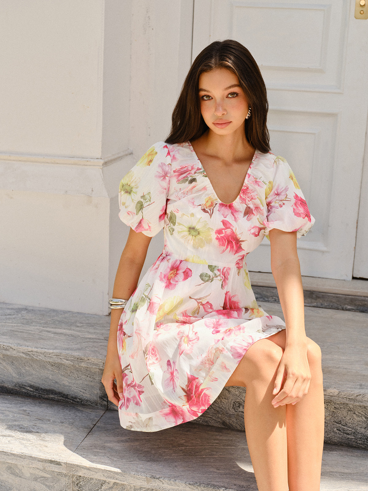 Puff Sleeve Dress with Elegant Floral Design