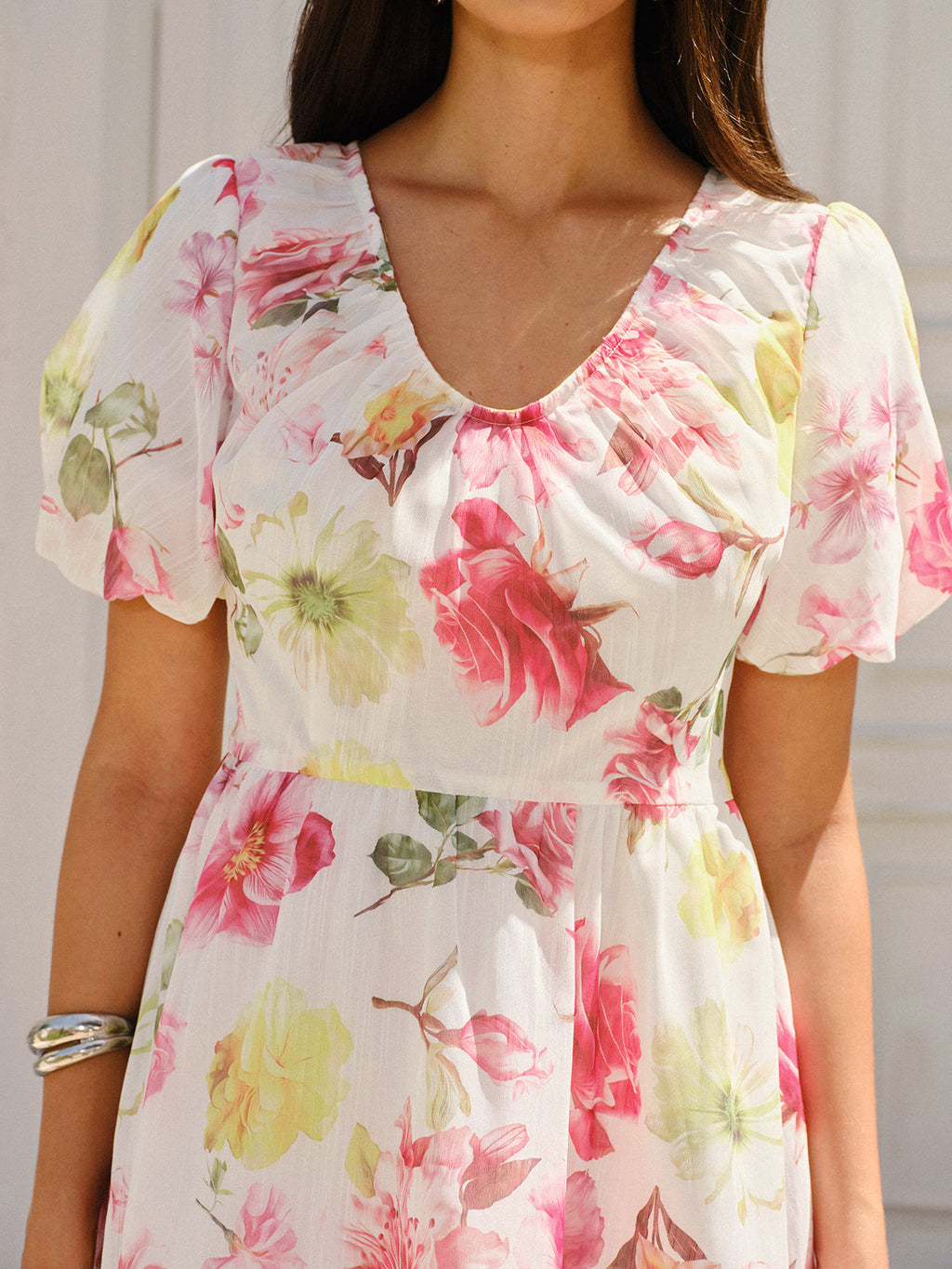 Puff Sleeve Dress with Elegant Floral Design