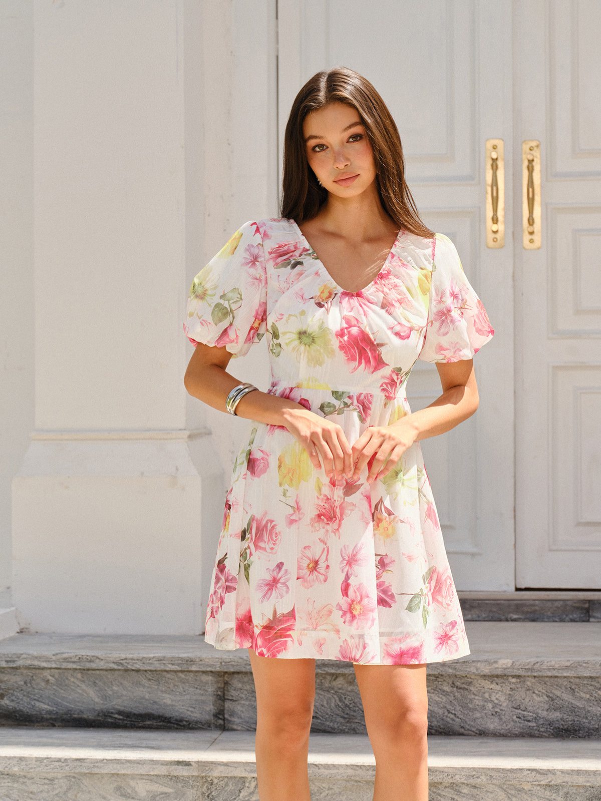 Puff Sleeve Dress with Elegant Floral Design
