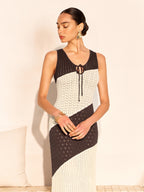 Dual-Tone Crochet Detail Knit Dress with Front Tie