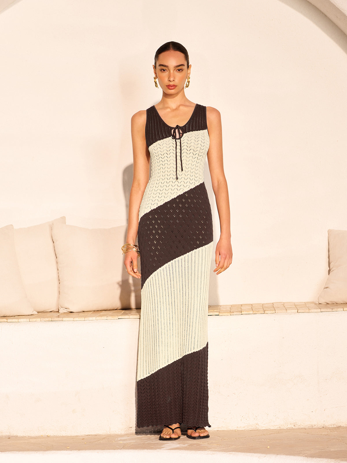 Dual-Tone Crochet Detail Knit Dress with Front Tie