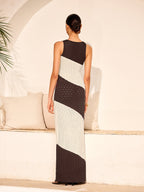 Dual-Tone Crochet Detail Knit Dress with Front Tie