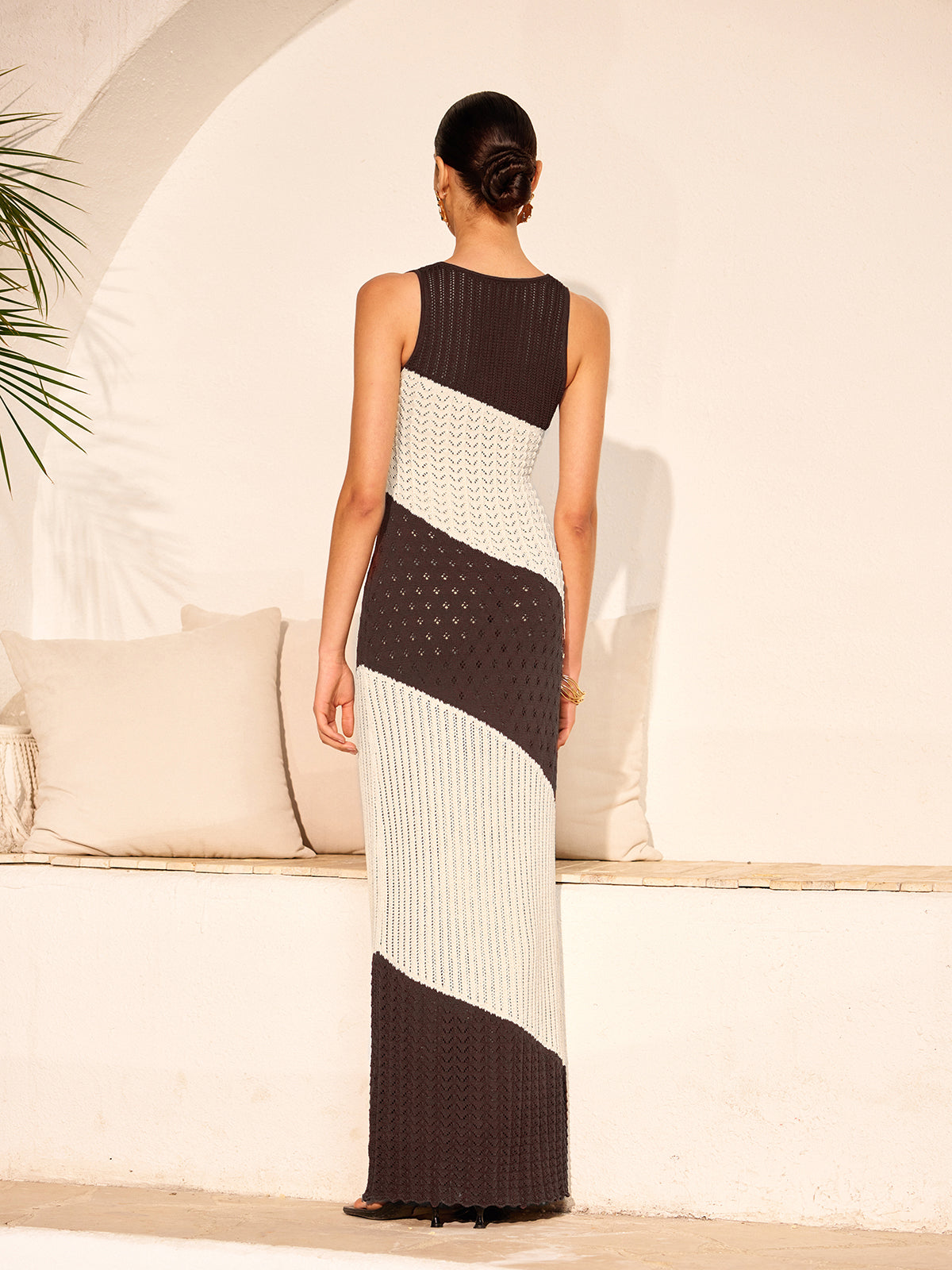 Dual-Tone Crochet Detail Knit Dress with Front Tie