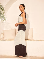 Dual-Tone Crochet Detail Knit Dress with Front Tie