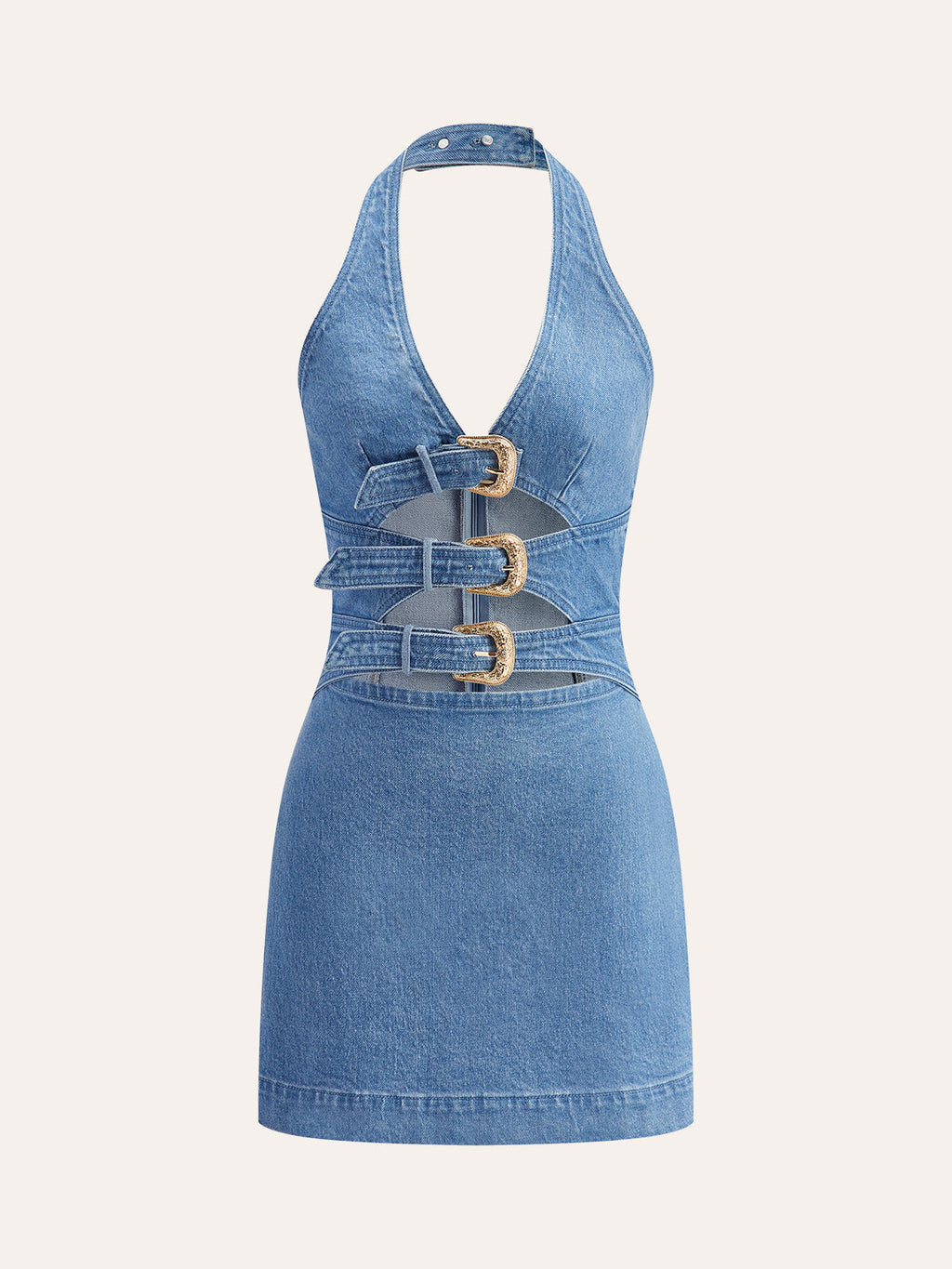 Halter Neck Dress with Buckle Accents in Denim
