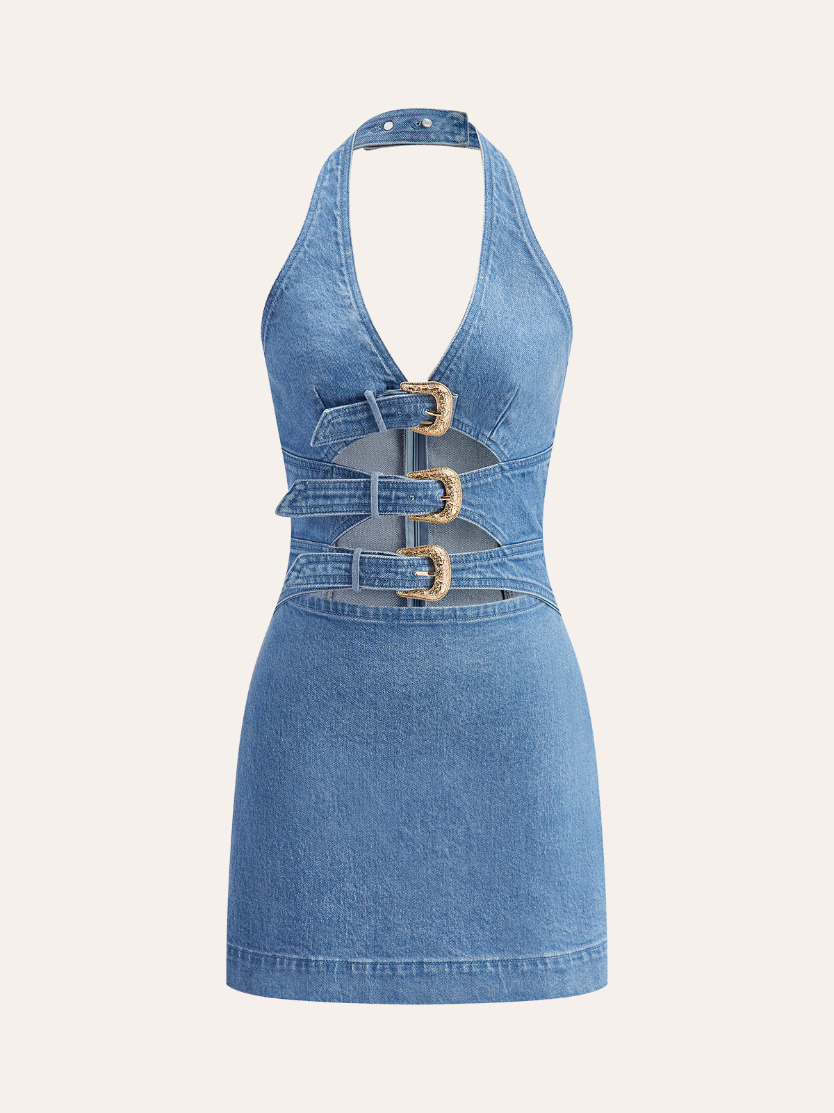 Halter Neck Dress with Buckle Accents in Denim