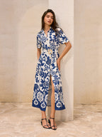 Floral Print Midi Dress with Pocketed Belt Detail
