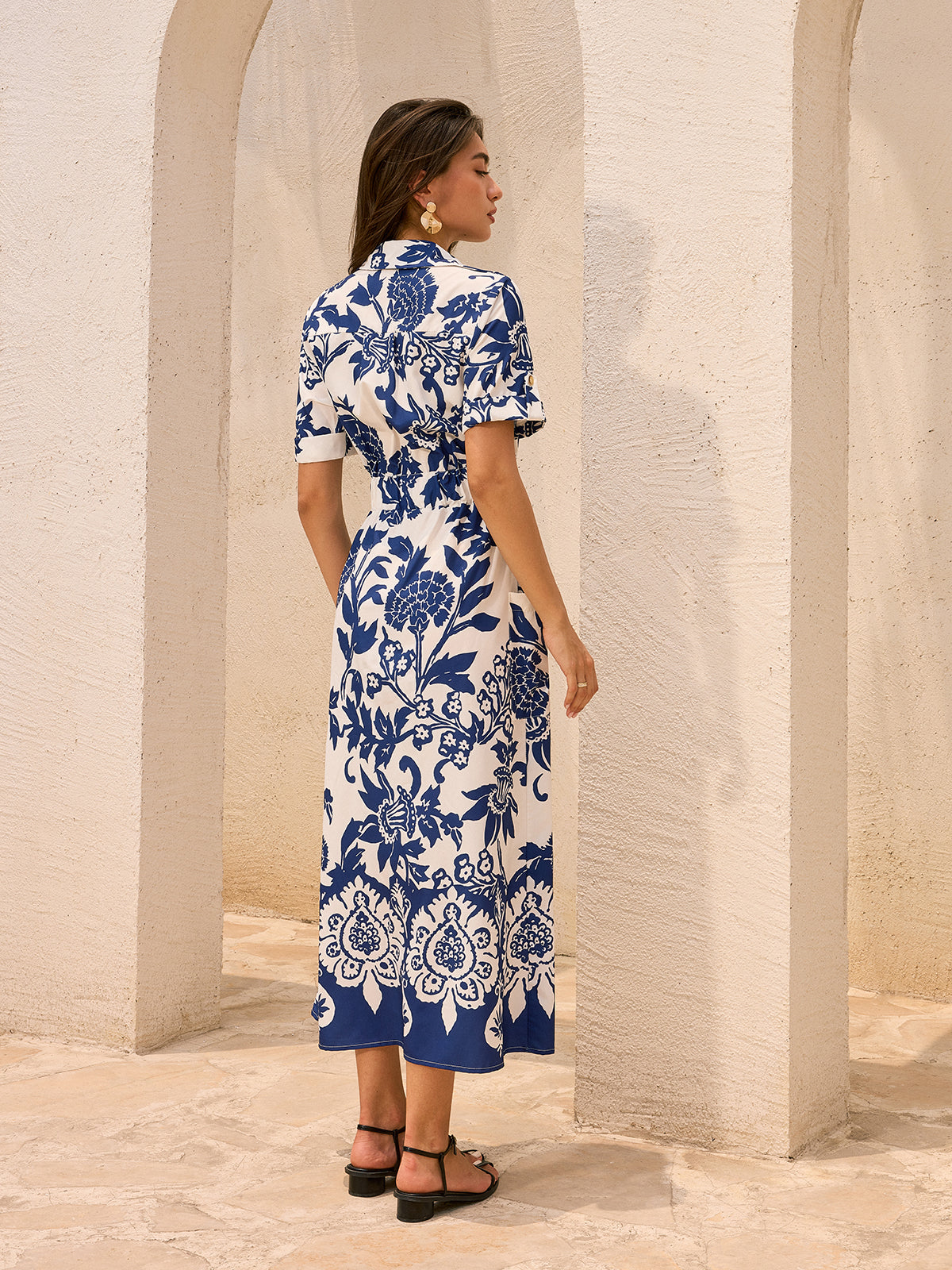 Floral Print Midi Dress with Pocketed Belt Detail