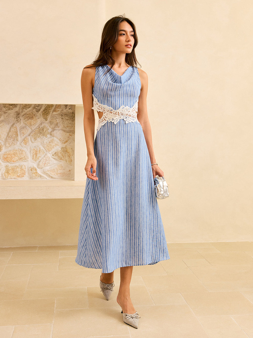 Striped Lace-Trimmed Backless Dress