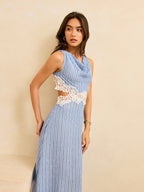 Striped Lace-Trimmed Backless Dress