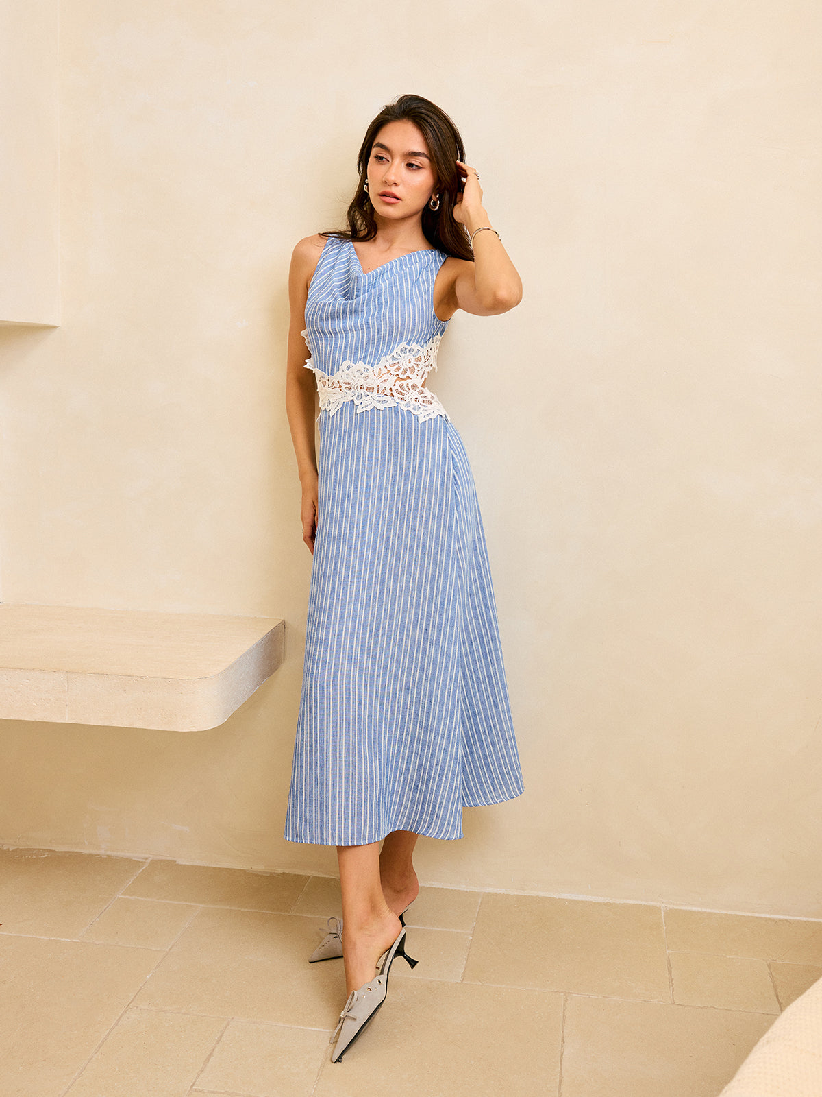 Striped Lace-Trimmed Backless Dress