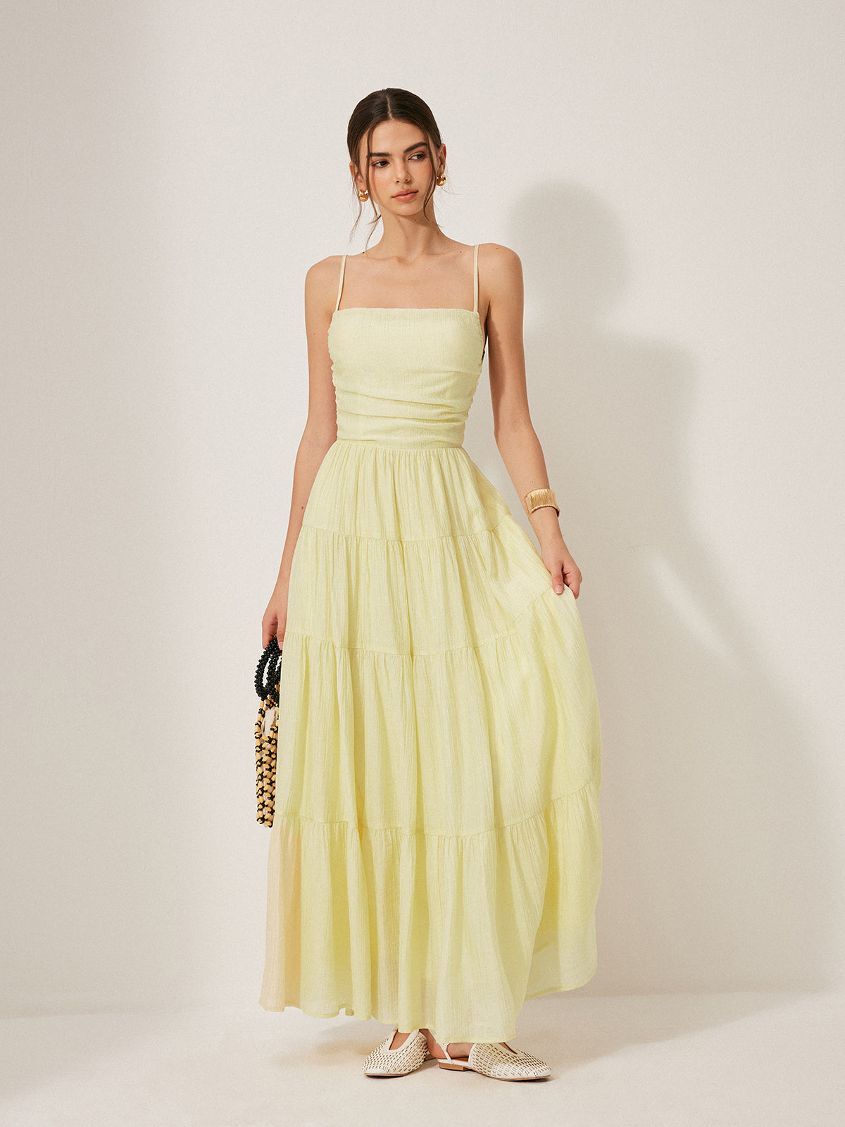 Backless Pleated Cami Dress with Tiered Design