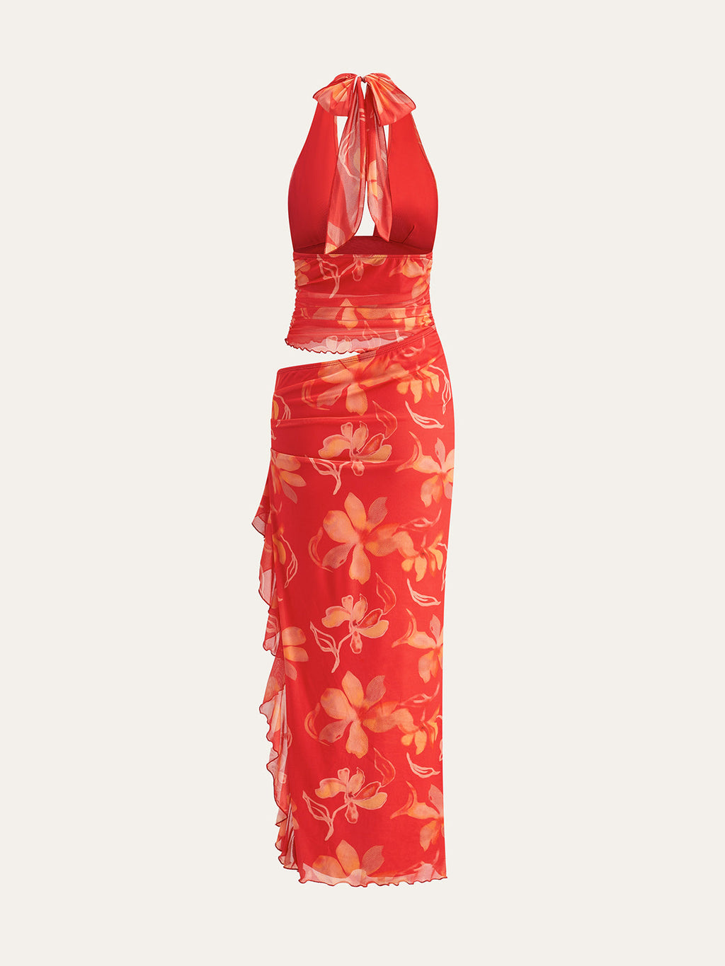 Floral Print Halter Dress with Semi-Sheer Ruffles