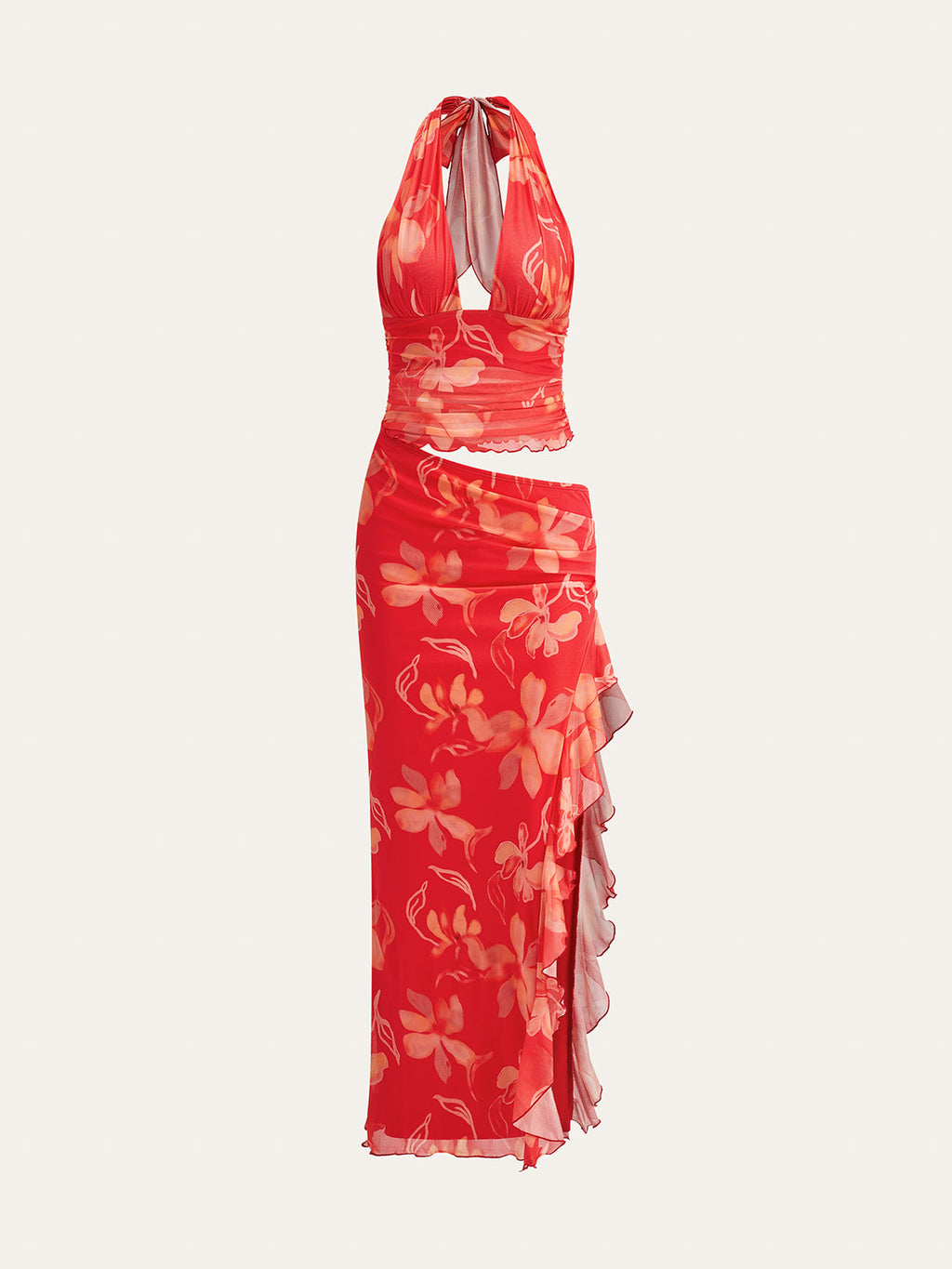 Floral Print Halter Dress with Semi-Sheer Ruffles