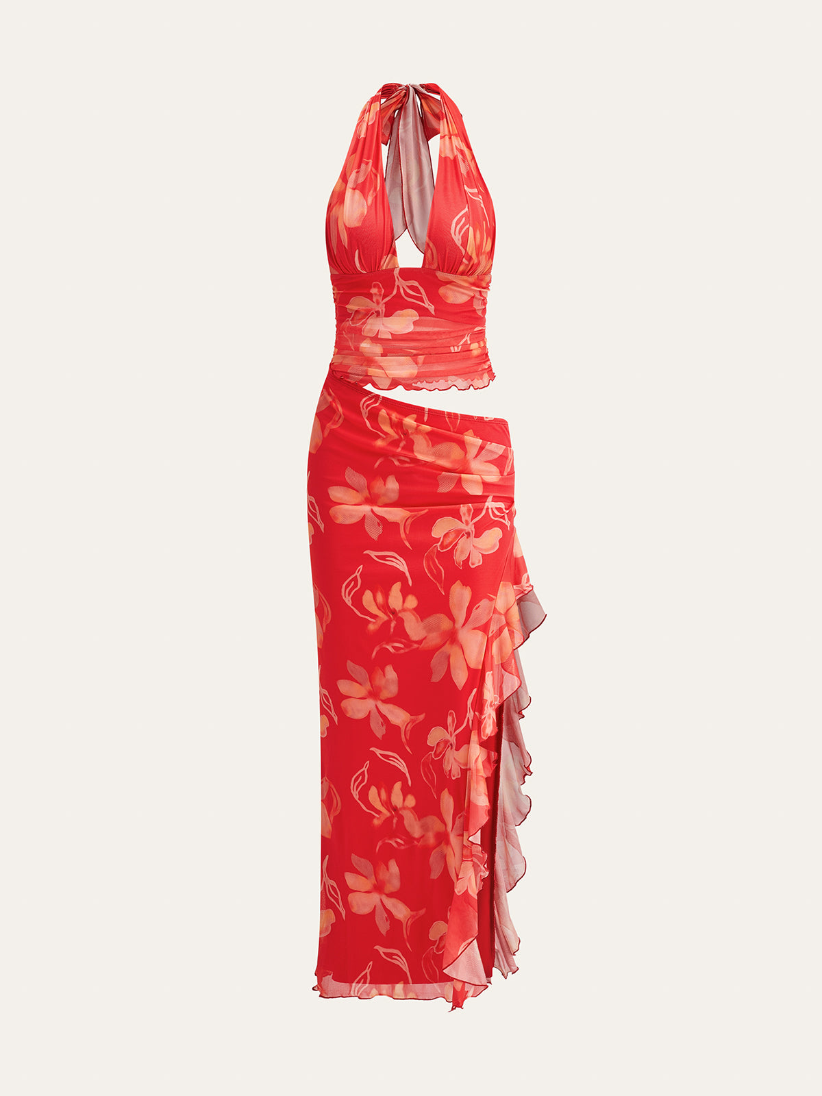Floral Print Halter Dress with Semi-Sheer Ruffles