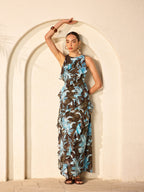 Floral Print Chiffon Sleeveless Dress with Ruffle Detail