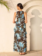 Floral Print Chiffon Sleeveless Dress with Ruffle Detail