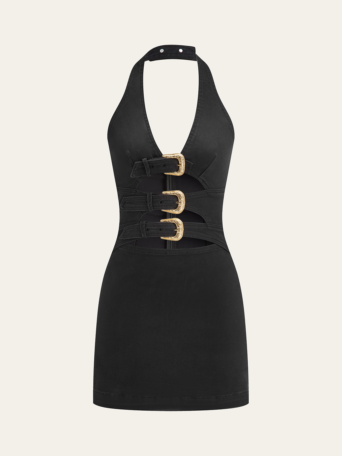 Halter Neck Dress with Buckle Details in Denim