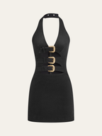 Halter Neck Dress with Buckle Accents in Denim